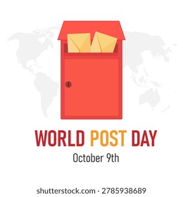 World Post Day is celebrated annually in October. The concept of informing about the holiday. A mailbox with envelopes and a world map in the background. Vector illustration