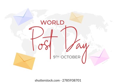 World Post Day is celebrated annually in October. The concept of informing about the holiday. A design template with envelopes and a world map in the background. Vector illustration