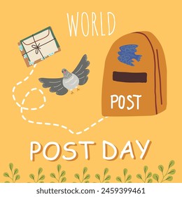 World Post Day celebrates the timeless art of communication and the global reach of postal communications. Vector Illustration Template. Mailbox with pigeon, vector hand drawn illustration, isolated.