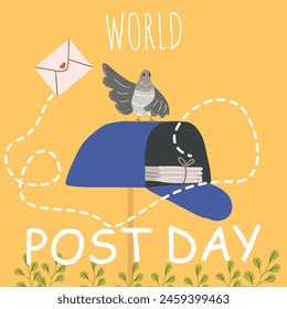 World Post Day celebrates the timeless art of communication and the global reach of postal communications. Vector Illustration Template. Mailbox with pigeon, vector hand drawn illustration, isolated.