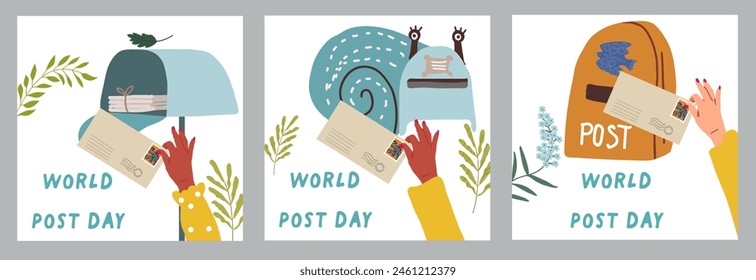 World Post Day celebrates the timeless art of communication and the global reach of postal communications. Vector illustration. Card set with mailboxes, snail.