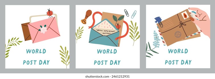 World Post Day celebrates the timeless art of communication and the global reach of postal communications. Vector illustration. Set of flyers, invitations.
