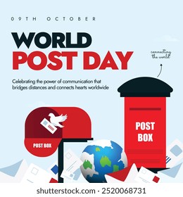 Diseño de Anuncio conceptual del Día Mundial del Correo. 9 de octubre Anuncio de celebración del día del poste con buzón rojo, globo terráqueo, letras, paloma. El día elogia la importancia de los servicios postales en la conexión mundial