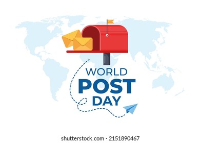 Día Mundial del Post con papel de correo volador en el mundo con antecedentes de mapas del mundo. Caja de correos rojos con sobre. Ilustración del vector