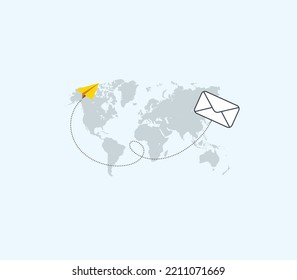 World Post Day With Flying Mail Paper On The World With A World Map Background. Flying Paper And Mail Envelop. Communication Concept.