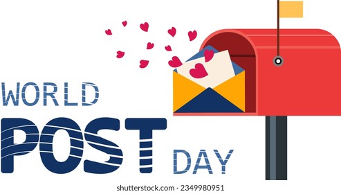 Día Mundial del Post. Buzón y sobre con corazones. Entrega por correo. Afiche, pancarta.