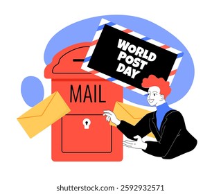 World post day. Man near envelope with letter. International holiday and festival. Postman and postal services. Red mailbox for international correspondence. Linear vector illustration