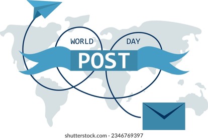 World Post Day. World map, ribbon and plane. Mail delivery. Poster, banner. 