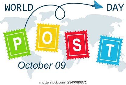 Día Mundial del Post. Mapa mundial, sellos y avión. Entrega por correo. Afiche, pancarta. 