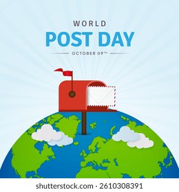 World Post Day October 09th banner with mailbox and globe illustration on sunburst background