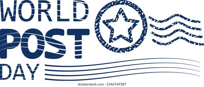 World Post Day. Postal blue stamp and inscription. Mail delivery. Poster, banner. 