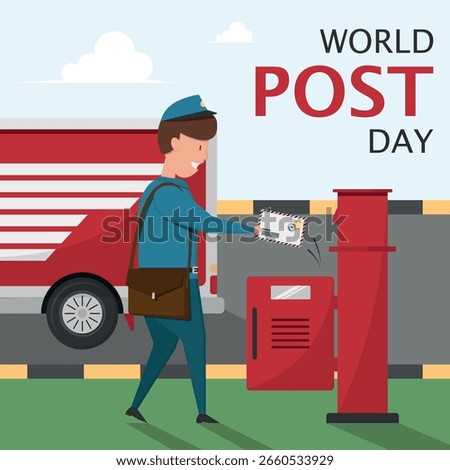 World Post Day Poster. The postman takes the letter from the mailbox
