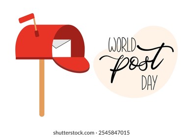 World Post Day. Red post box with envelope. October 9. Suitable for postcards, banners, greeting cards, web, social media
