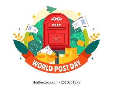 World Post Day Vector Illustration on October 9, Featuring a Red Mailbox Accepting Mail, Letters, and Parcels in a Flat Style Cartoon Background