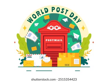 World Post Day Vetor Illustration em 9 de outubro, apresentando uma caixa de correio vermelha aceitando e-mails, letras e pacotes em um plano de fundo de desenhos animados de estilo plano