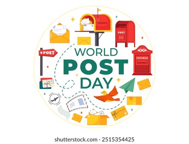 World Post Day Vector Illustration on October 9, Featuring a Red Mailbox Accepting Mail, Letters, and Parcels in a Flat Style Cartoon Background