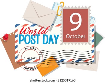 Palabras del día mundial del post en sobre con ilustración de sello