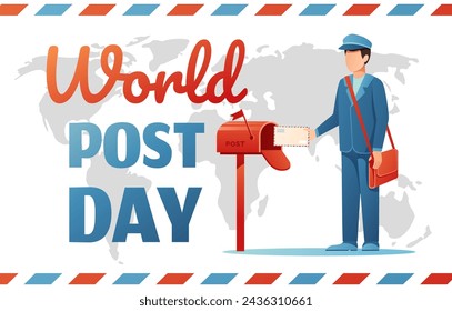 Tarjeta de celebración del Día Postal Mundial. Diseño de postal para ilustración vectorial de felicitación del trabajador de servicios postales. Vacaciones de los trabajadores postales nacionales. Repartidor traer cartas al cartel del buzón