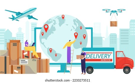 World postman delivery service, tiny character mailman people, woman work laptop sitting carton box flat vector illustration, isolated on white.