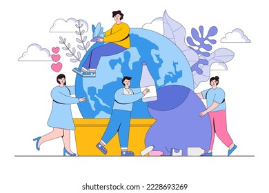 World in pot with young man and woman. Group of people care and protect the earth. Vector banner on the ecology of volunteering and saving the planet. Modern flat style illustration.