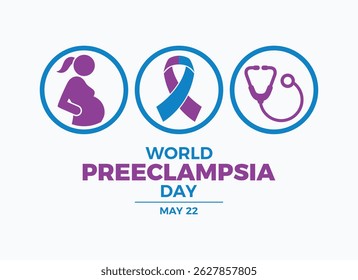 World Preeclampsia Day poster vector illustration. Pregnant woman, purple blue awareness ribbon and stethoscope icon set vector. Template for background, banner, card. May 22. Important day