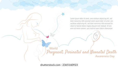 World Pregnancy, Perinatal and Neonatal Death Awareness Day. Silhouette of pregnant woman with baby in gray with stars and butterflies coming out of her going to the sky. 