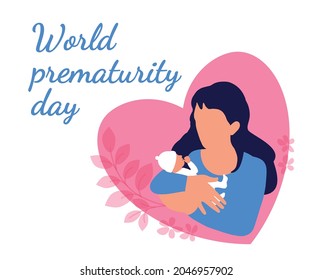 World premature day of infants. November 17. Hope and rescue of newborn babies. Drawing attention to the prematurity, pregnancy problems. Vector concept with mom and baby. White background. EPS10