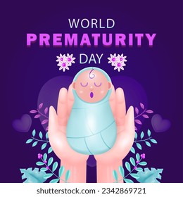 World Prematurity Day. Baby lying in his mother's hand with plant and flower ornaments. 3d illustration of a premature baby, suitable for events