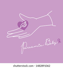 World prematurity day content illustration vector.Mother hand and preterm baby hand.Small hand with heart.Hand writing word.Purple ribbon.