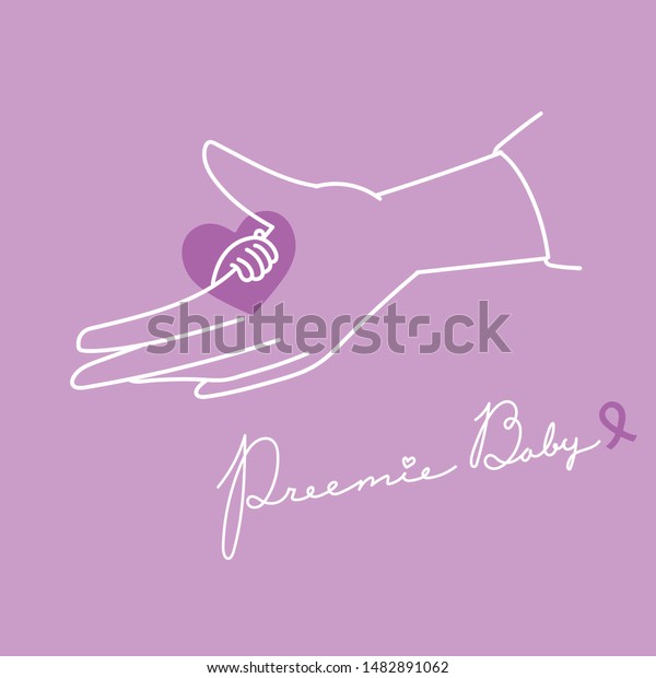 World prematurity day content illustration\
vector.Mother hand and preterm baby hand.Small hand with heart.Hand\
writing word.Purple\
ribbon.