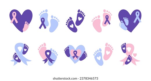 World Prematurity Day set. Purple awareness ribbon. Prematurity Month sign symbol. Premature babies vector illustration. Baby feet, awareness ribbon and heart elements. Baby footprints. svg