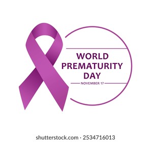 World Prematurity Day, vector design for poster, sign or banner. Purple ribbon and text World Prematurity Day, november 17 isolated on white background.