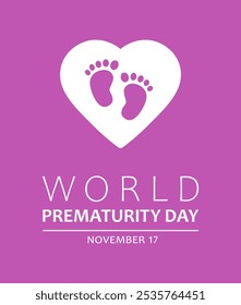 Día Mundial de la Premadurez, diseño de Anuncio de Web de Vector. Texto Día Mundial del Prematuro, 17 de noviembre y huellas de bebé en el corazón sobre fondo púrpura.