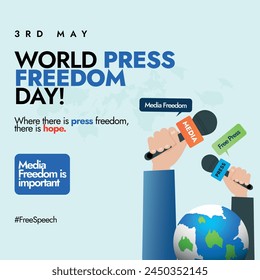 World press freedom day. 3rd May Media Day awareness social media post with hands holding press microphone, earth globe world map and speech bubbles. Press Freedom awareness vector post. Free Media