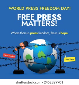 Día Mundial de la Prensa. 3 de mayo Anuncio del Día Mundial de la Libertad de Prensa, publicación en medios sociales con globo terráqueo, micrófono incautado por alambre de púas, alambre de esgrima. Libertad de expresión, periodismo, verdad, publicación conceptual