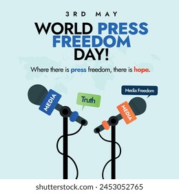 Día Mundial de la Prensa. 3 de Mayo Celebración del Día Mundial de la Libertad de Prensa, Anuncio de sensibilización, post con dos micrófonos con stand. Anuncio conceptual para la libertad de Prensa, periodismo, decir la verdad.