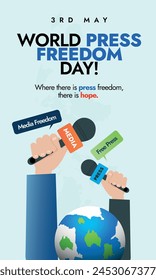 World press freedom day. 3rd May Media Day awareness social media post with hands holding press microphone, earth globe world map and speech bubbles. Press Freedom awareness vector post. Free Media