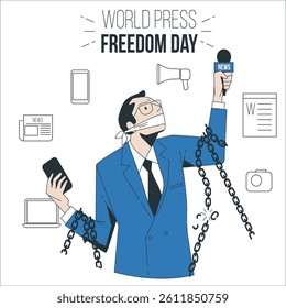 World Press Freedom Day 3rd may. cameraman and reporter tv. for banner post. Journalist at media event or news conference, holding microphone, writing notes. World press freedom day concept. 2711