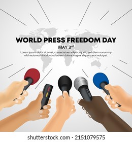 Antecedentes en el Día Mundial de la Libertad de Prensa con manos de reporteros llevando grabadora