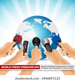 Fondo del Día Mundial de la Libertad de Prensa con manos de reporteros con micrófono