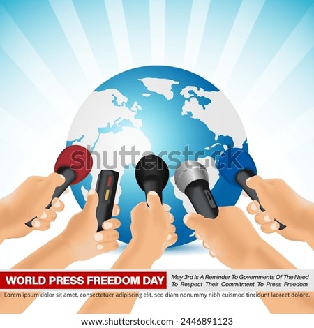 World Press Freedom Day background with hands of reporters with microphone
