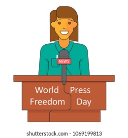 World Press Freedom Day banner. Female journalist with microphone. Vector illustration eps 10
