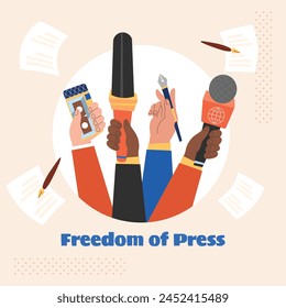 Celebración del Día Mundial de la Prensa. Fondo del Día Mundial de la Libertad de Prensa. 3 de mayo. Libertad de medios y concepto de periodismo. Diseño de Ilustración vectorial para Póster, Anuncio, Flyer, Poste, Cubierta, Tarjeta.