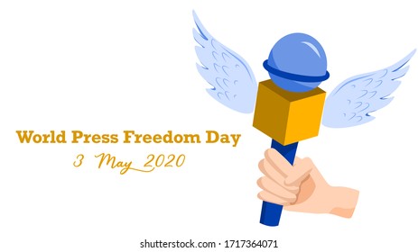 Concepto del Día Mundial de la Libertad de Prensa : 3 de mayo de 2020. Una mano sosteniendo un micrófono con alas, símbolo de libertad. Ilustración del vector, diseño plano