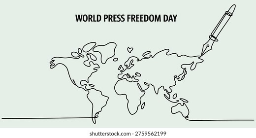 World press freedom day concept with a continuous line drawing of a world map and a fountain pen. Vector, illustration