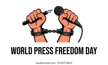 World press freedom day concept with chained hands holding microphone and pen symbolizing journalism struggle, freedom of speech, media independence and human rights