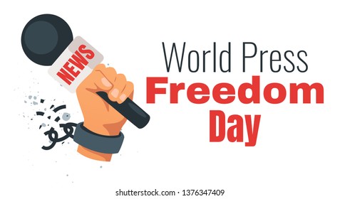 World press freedom day design with hand in broken chains holding news microphone. Vector illustration isolated on white background.