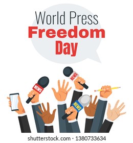 World press freedom day design with hands holding news microphones. Vector illustration isolated on white background.