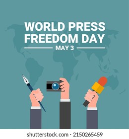 World press freedom day design with hand holding news microphone, pen and camera, on world map background.