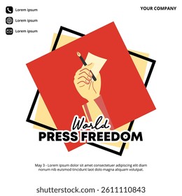 World Press Freedom Day design with a hand holding a pen and paper